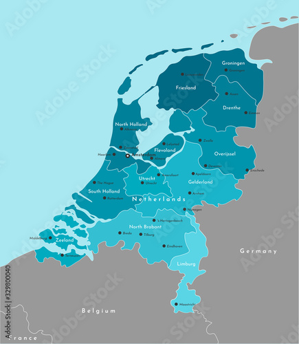 Vector modern illustration. Simplified administrative map of Netherlands in blue colors. Borders with neighboring states (Germany, Belgium). Names of the cities and provinces.