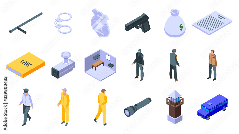 Prison icons set. Isometric set of prison vector icons for web design isolated on white background