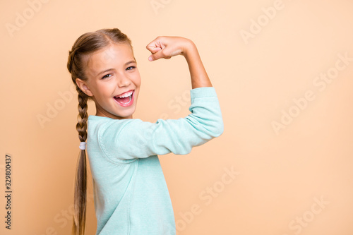 Canvas Print Profile photo of beautiful excited little lady ambitious person raise fist celeb