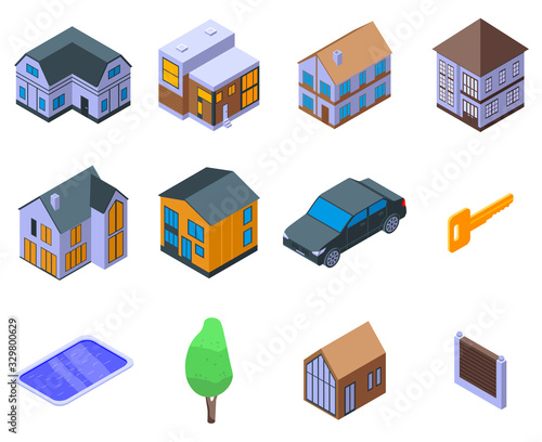 Cottage icons set. Isometric set of cottage vector icons for web design isolated on white background