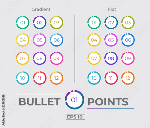 Colorful Gradient And Flat Circle Icon Bullet Points Set Collection With Number From One Twelve. Vector. EPS 10