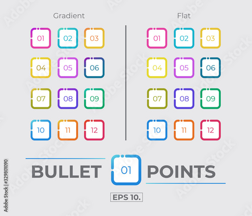 Colorful Gradient And Flat Rounded Box Rectangle Icon Bullet Points Set Collection With Number From One Twelve. Vector. EPS 10