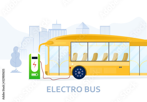 Charging yellow electric bus at the supercharging station for eco city transportation means. Electro Bus in eco-friendly modern urban environment