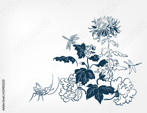 japanese design chrysanthemums dragonfly card isolated flowers