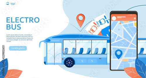 Public transportation app concept poster for eco bus. Electric transport vehicles on blue energy in modern city environment on light background with leaves