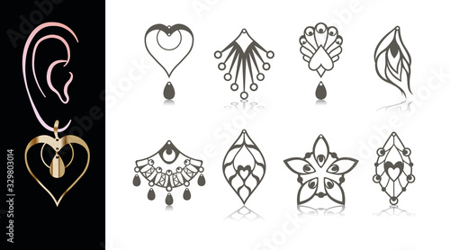 8 Earring Designs. Cutout jewellery with peacock feather, tassel, dangle, heart. Template is suitable for creating fashion & charm women jewellery: earrings, necklace or bracelet. 