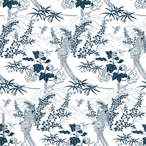 japanese chinese design sketch ink paint style seamless pattern pheasant bird bamboo nature chrysantemun