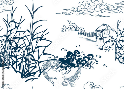 japanese chinese design sketch ink paint style seamless pattern peasant landsape pond hut bulrush koi fish