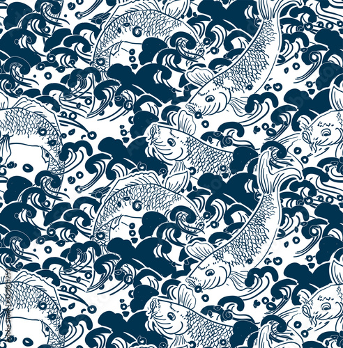 japanese chinese design sketch ink paint style seamless pattern fish koi