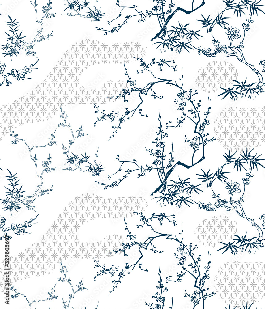 Fototapeta premium japanese chinese design sketch ink paint style seamless pattern bamboo blossom peach
