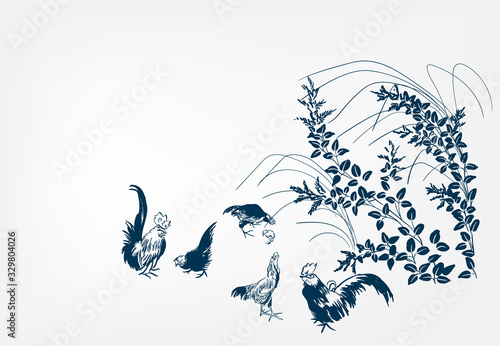 japanese chinese design sketch ink paint style card background peasant landsape birds chicken lespedeza