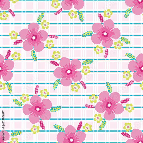 Tropical flower seamless vector pattern background. Hand drawn blooms exotic backdrop. Modern bright florals on plaid design. Hot summer all over print for tropic vacation and wedding resort concept.