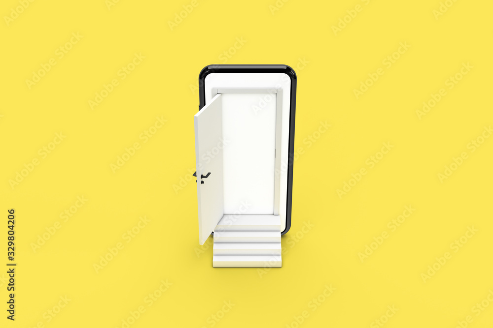 3D Rendering Open Door from Smart Phone Screen with Stairs on Colored Background 3D Rendering Open Door from Smart Phone Screen with Stairs on Colored Background