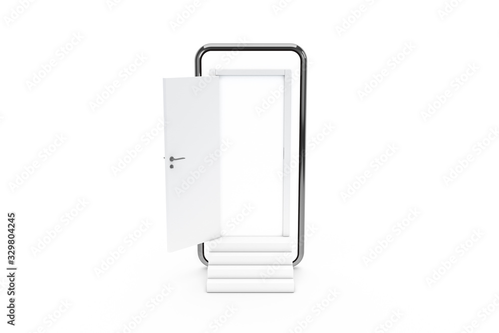 3D Rendering Open Door from Smart Phone Screen with Stairs 3D Rendering Open Door from Smart Phone Screen with Stairs