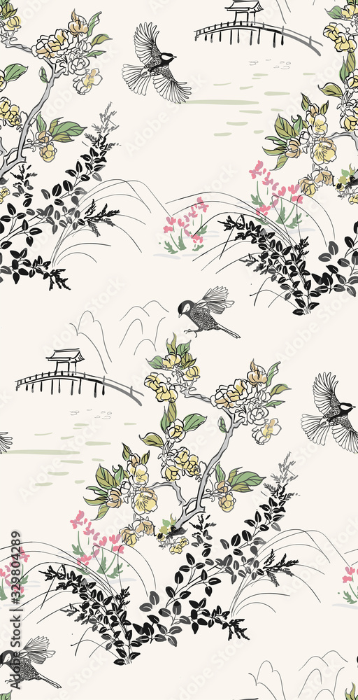 Obraz japanese chinese vector design ink flower engraved colorful seamless pattern landscape birds grass flower bridge mountain pond