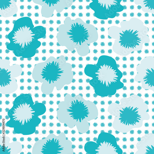 Tropical flower seamless vector pattern background. Monochrome blue painterly blooms. Modern florals dotted backdrop. Hot summer all over print for oceanside vacation and wedding resort concept.