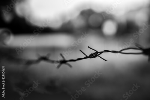 Black and white barbed wire. Dramatic photo of historic scenery at the Auschwitz concentration camp photo