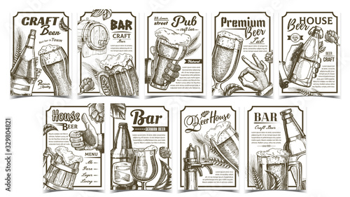 Beer Pub Collection Advertising Posters Set Vector. Wooden Barrel And Glass Cups, Bottles And Bar Faucet, Hops And Wheat On Different Commercial Promotional Banners Tavern. Advertisement Illustrations