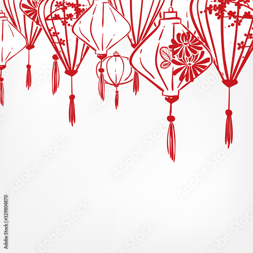 japanese chinese paper lights traditional card vector sketch design background hand drawn ink