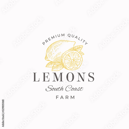 Lemon Fruit Farms Abstract Vector Sign, Symbol or Logo Template. Hand Drawn Lemons with Leaves Sketch with Retro Typography. Vintage Luxury Emblem.