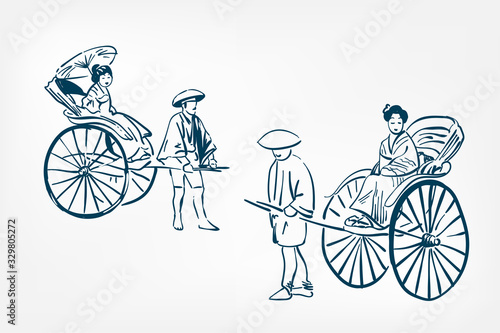 japanese rickshaw traditional sketch vector illustration ink design elements