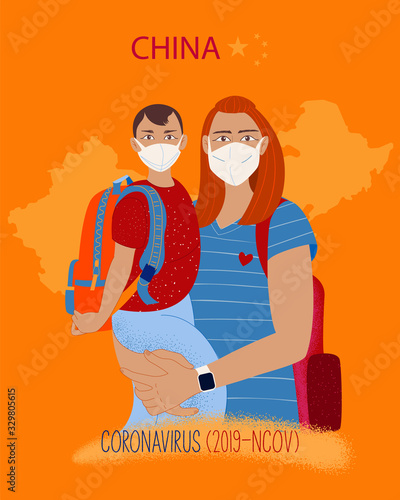 Coronavirus in China. Novel coronavirus (2019-nCoV), woman and your child in white medical face mask. Concept of coronavirus quarantine.