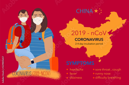 Coronavirus in China. Novel coronavirus (2019-nCoV), woman and your child in white medical face mask. Concept of coronavirus quarantine. SARS pandemic risk alert. Symptoms. Chinese virus.