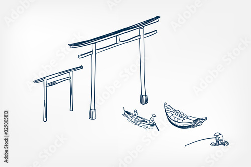 japanese thorium gate boats fisher sketch vector japanese illustration ink design elements