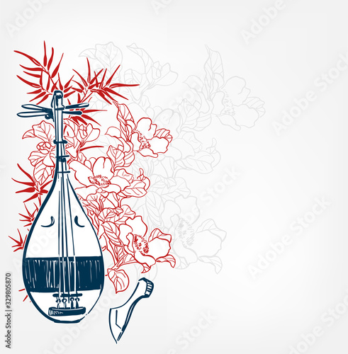 biwa japanese vector sketch illustration engraved chinese musical instrument card