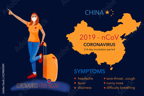 Coronavirus in China. Novel coronavirus (2019-nCoV), Tourist woman  in white medical face mask. Concept of coronavirus quarantine. SARS pandemic risk alert. Symptoms. Chinese virus.