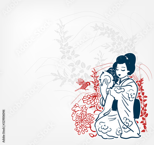 Kotsuzumi japanese vector sketch illustration engraved chinese musical instrument kimono girl play