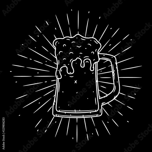 Vector illustration with Glass of beer and divergent rays. Used for poster, banner, web, t-shirt print, bag print, badges, flyer, logo design and more.