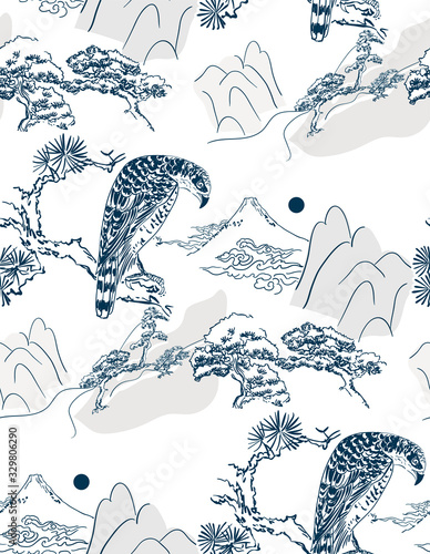 falcon hawk bird mountains view vector sketch illustration line art japanese chinese oriental design seamless pattern