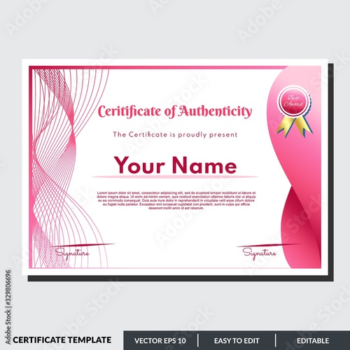 Certificate of authenticity in red theme. This certificate design template is easy to use and editable. Use for your business and events.