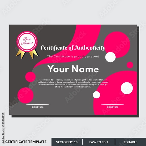 Certificate of authenticity in red theme. This certificate design template is easy to use and editable. Use for your business and events.