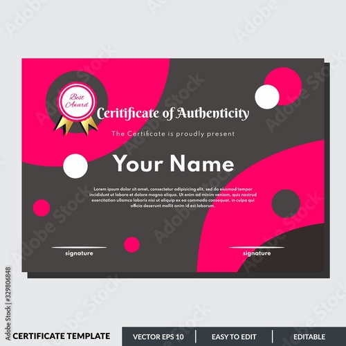 Certificate of authenticity in red theme. This certificate design template is easy to use and editable. Use for your business and events.