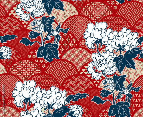 chrisantemum flower traditional kimono pattern vector sketch illustration line art japanese chinese oriental design