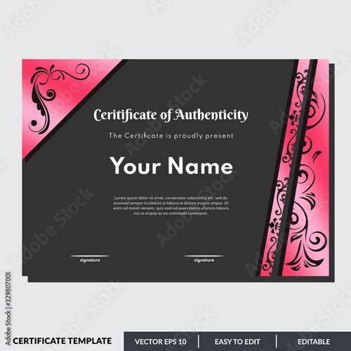 Certificate of authenticity in red theme. This certificate design template is easy to use and editable. Use for your business and events.