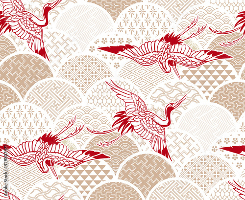 crane bird traditional kimono pattern vector sketch illustration line art japanese chinese oriental design