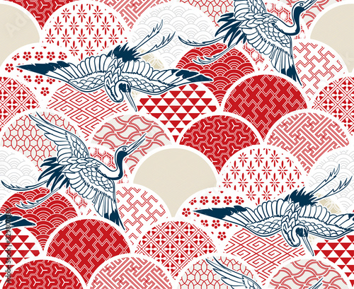 Photo crane bird traditional kimono pattern vector sketch illustration line art japane