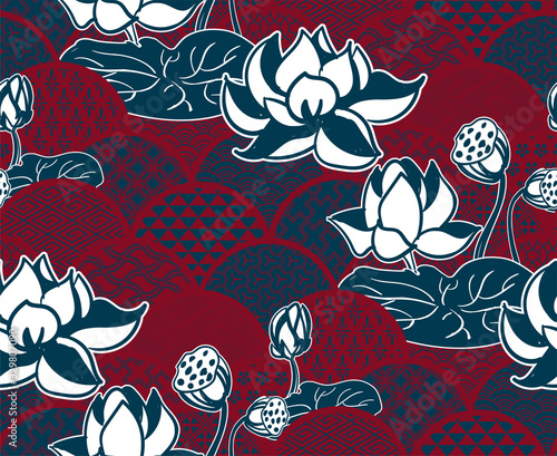 water lily traditional kimono pattern vector sketch illustration line art japanese chinese oriental design