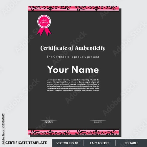 Certificate of authenticity in red theme. This certificate design template is easy to use and editable. Use for your business and events.