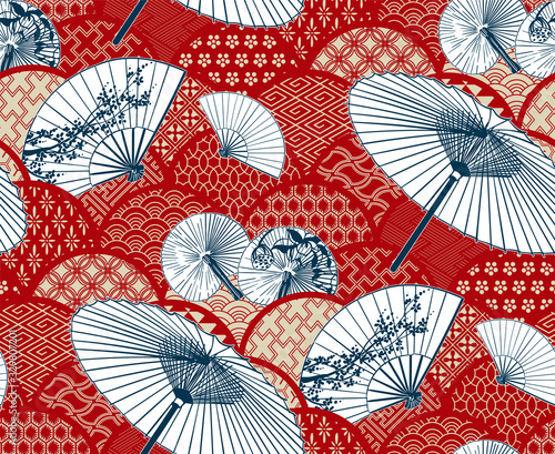 fan unbrella traditional kimono pattern flowery vector sketch illustration line art japanese chinese oriental design