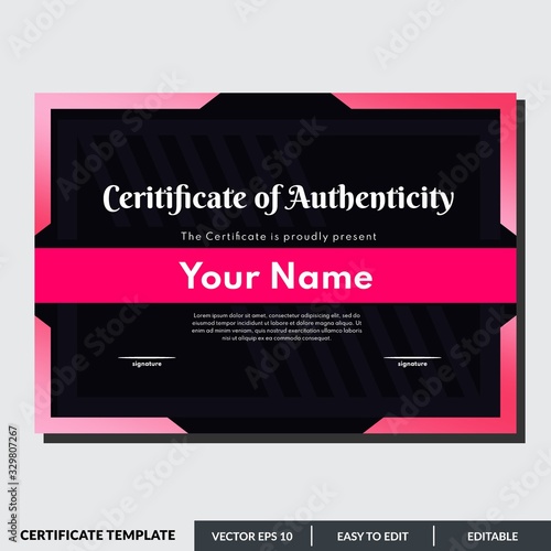 Certificate of authenticity in red theme. This certificate design template is easy to use and editable. Use for your business and events.