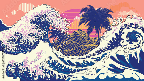 Retro great waves design with palms