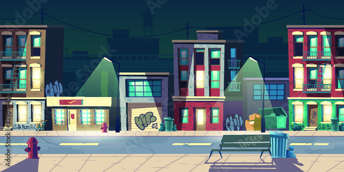 ghetto street night slum houses old buildings with glow windows graffiti walls dilapidated dwellings stand roadside with lamps fire hydrants litter bins cartoon vector illustration