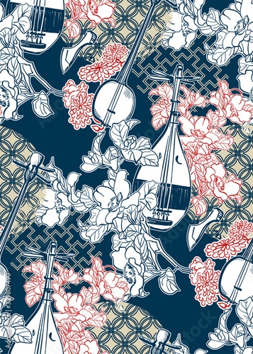 biwa sanshin vector sketch illustration line art japanese chinese oriental design seamless pattern