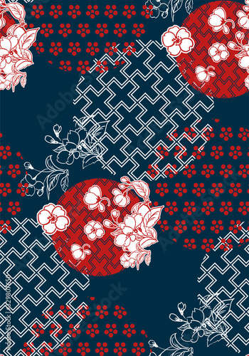 sakura traditional geometric pattern vector sketch illustration line art japanese chinese oriental design