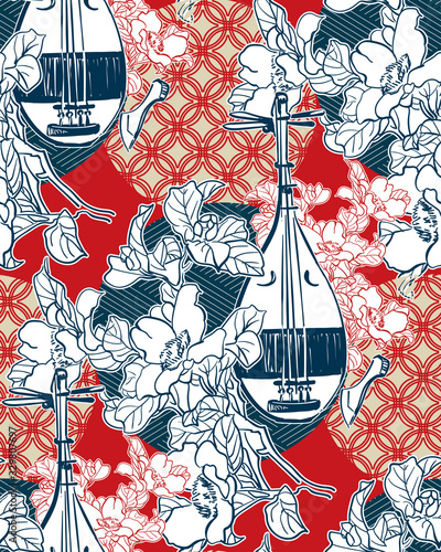 biwa sanshin vector sketch illustration line art japanese chinese oriental design seamless pattern