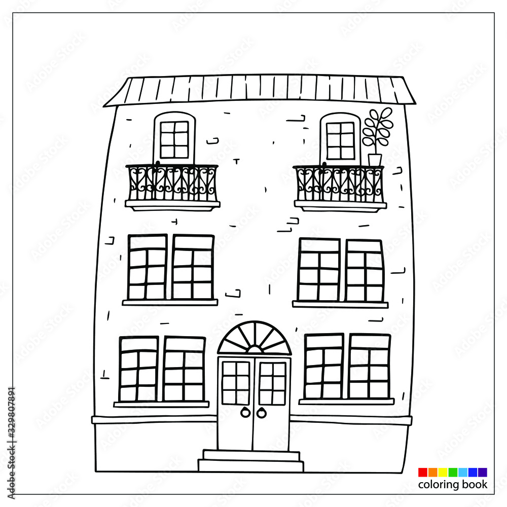 Linear drawing of a fairy-tale house, for printing, coloring, and other design elements. Three-storey house with a front door and balconies.  Vector illustration.